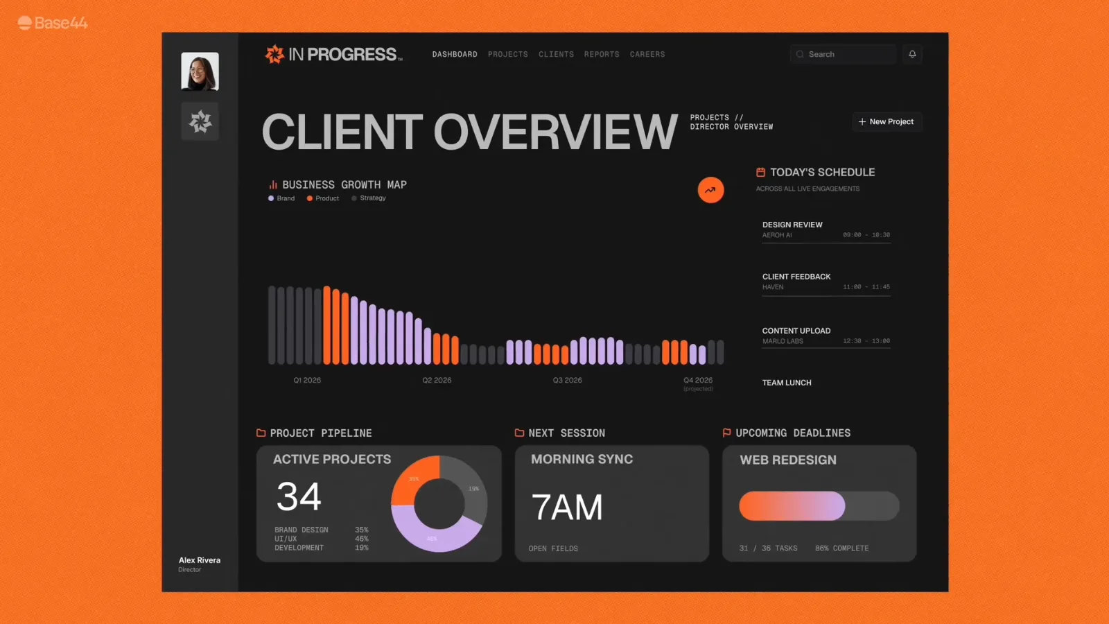 Style frame from More clients. Same you. Agencies build bigger with Base44 at 0:24